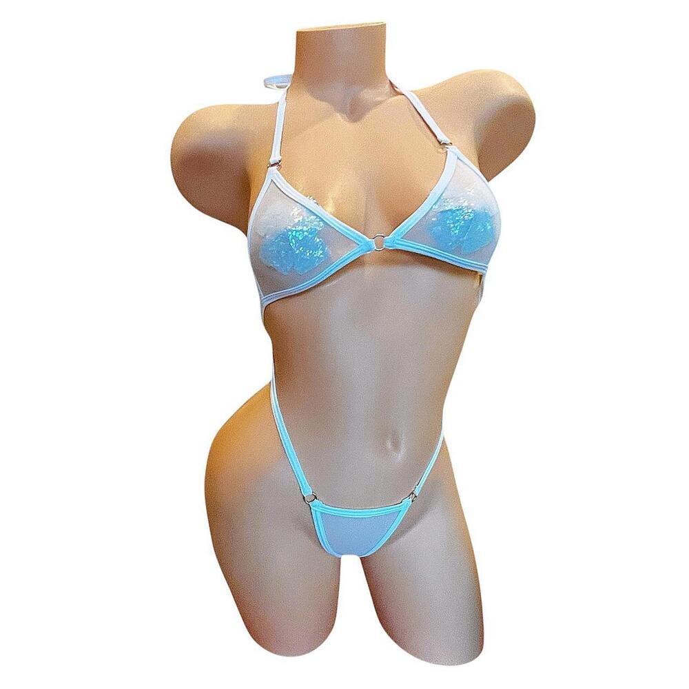 Icy White G String Mesh Thong Bikini set - Microkini - EXOTIC DANCEWEAR